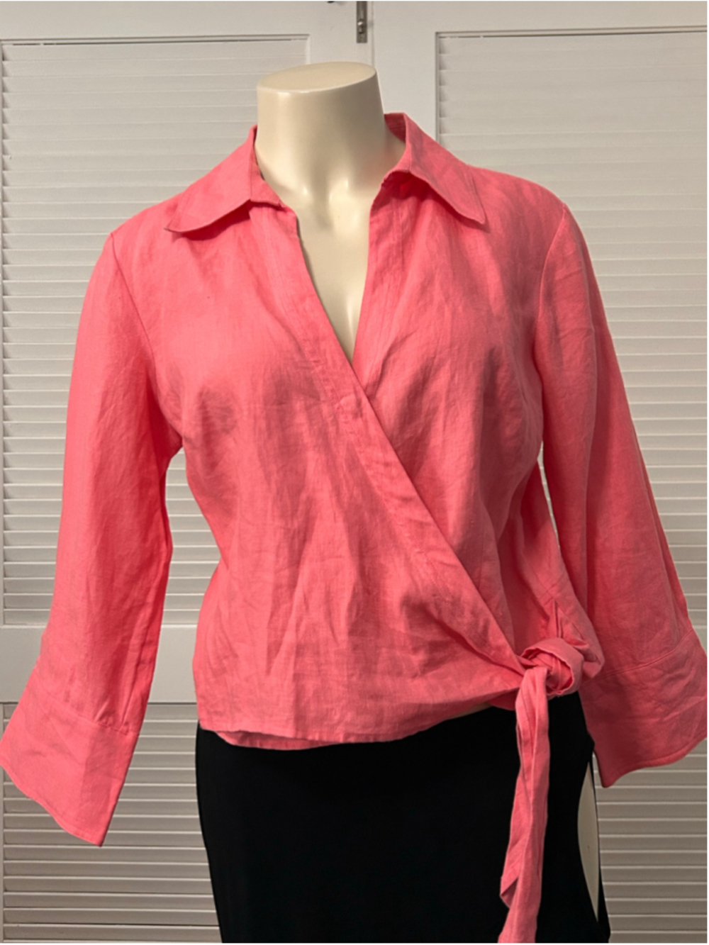 Sunny Leigh Coral Pink Linen Wrap Blouse Long Sleeve Size L